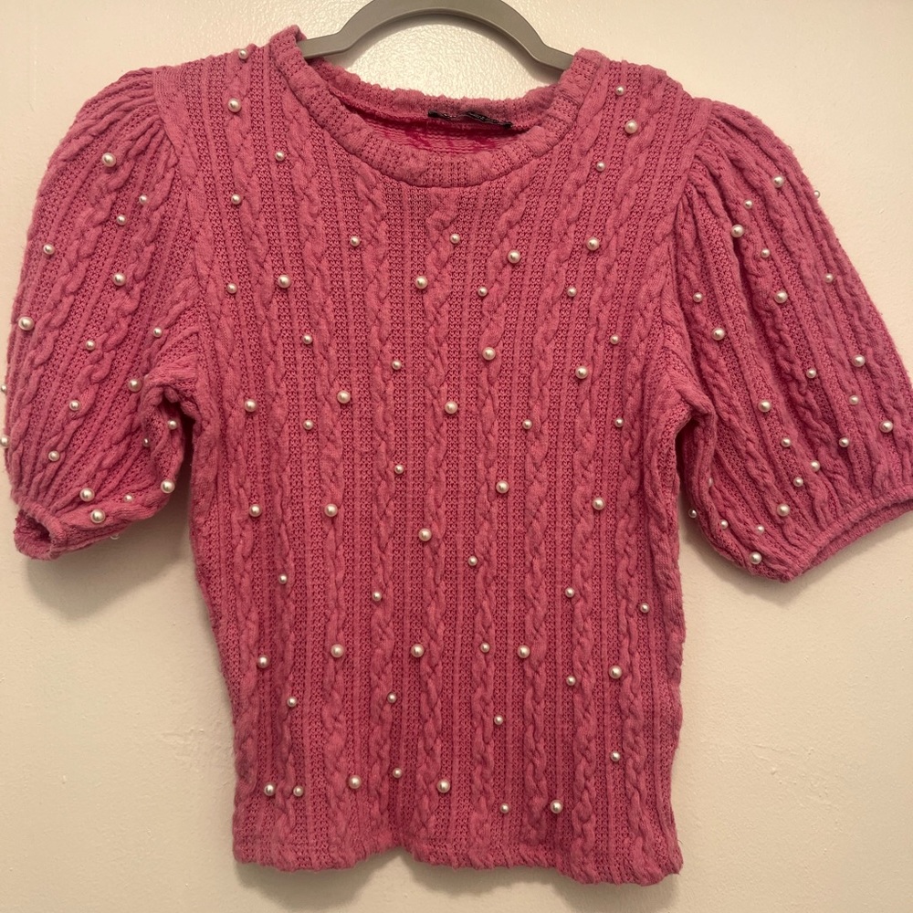 Pink Zara shirt with pearls.